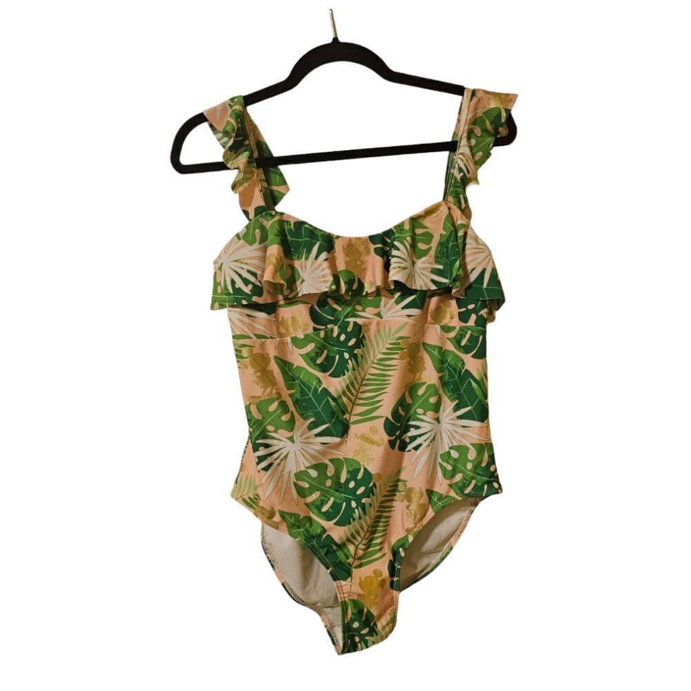 DISNEY Small World One Piece Ruffle Swimsuit Gold Mickey Print‎ - Size Large